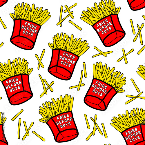 French fries seamless pattern with red paper boxes of fried potatoes with "Fries before guys" text. Trendy decor with patches, stickers in comic style of 80s-90s.