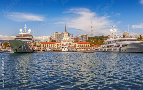 SOCHI, RUSSIA - MAY 21, 2016: Yachts on the background of the seaport.