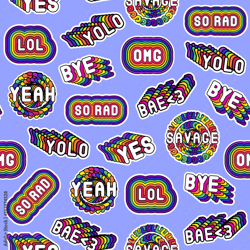 Seamless pattern with rainbow-colored patches with sassy words and phrases: 