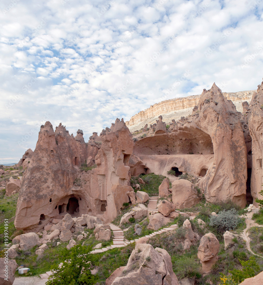 Panorama of unique geological formations in Zelve valley, Cappadocia, Central Anatolia, Turkey