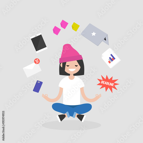 Dealing with stress. Young character meditating with closed eyes in lotus pose surrounded by floating gadgets. Yoga and healthy lifestyle / flat editable vector illustration, clip art