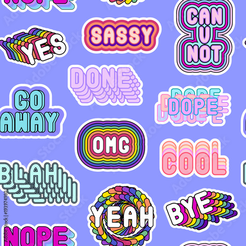 Seamless pattern with sassy colorful phrases, words: "Yes", "Go away", "Sassy", "OMG", "Nope", "Dope", etc. on blue background. Slang acronyms and abbreviations. 80s-90s comic style.