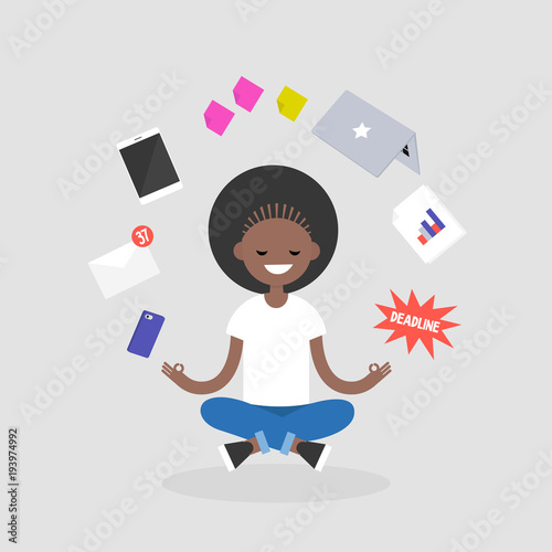 Dealing with stress. Young character meditating with closed eyes in lotus pose surrounded by floating gadgets. Yoga and healthy lifestyle / flat editable vector illustration, clip art
