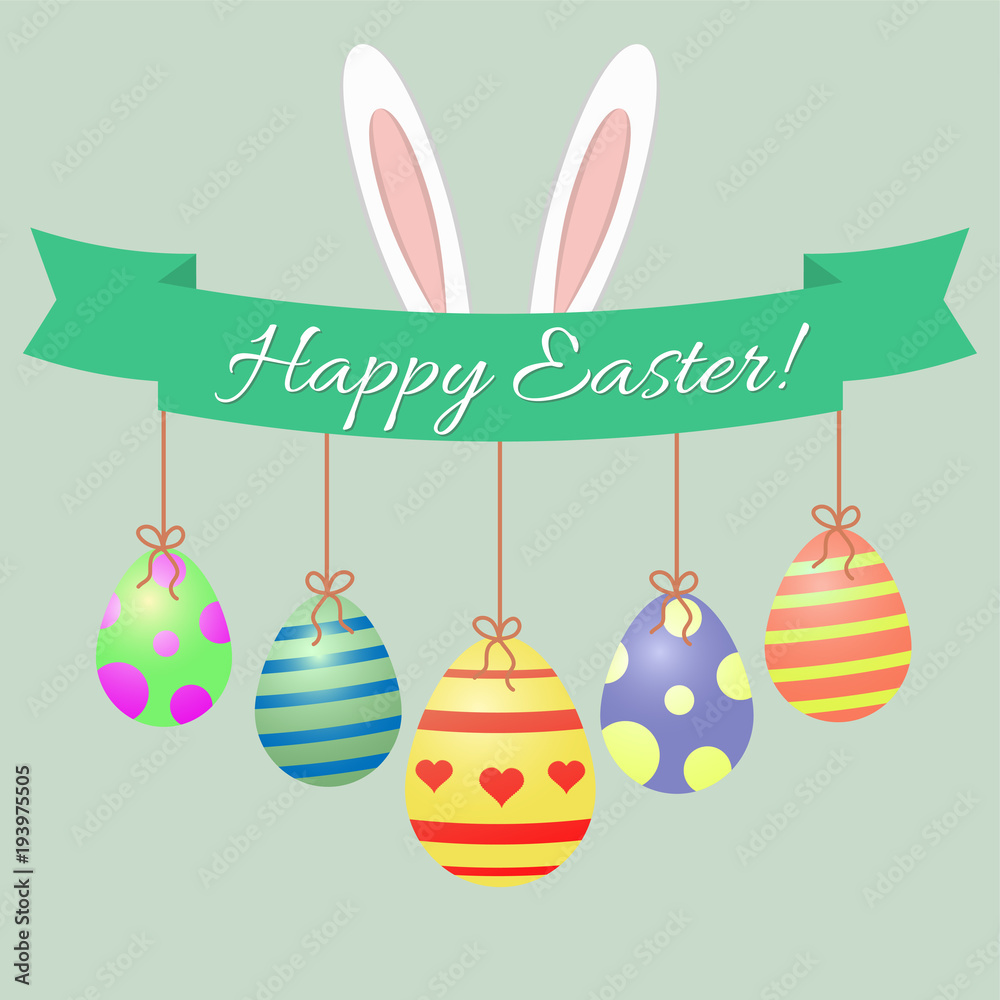 Naklejka premium Easter bunny ears, green ribbon and Easter eggs. Congratulations Happy Easter.