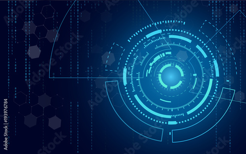 Blue technology circle and computer science abstract background with blue and binary code matrix. Business and Connection. Futuristic and Industry 4.0 concept. Internet cyber and network theme.