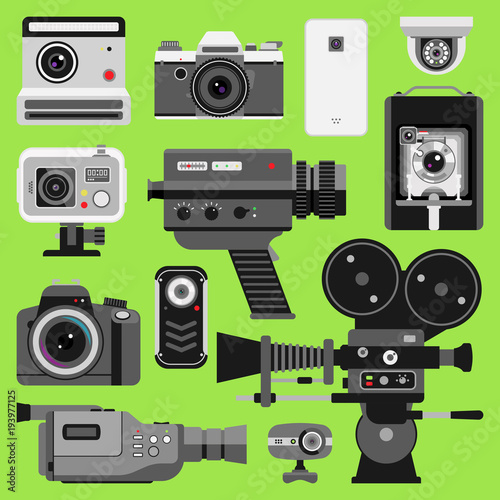 Photo video vector camera tools optic lenses set. Different types photo-objective retro video-equipment, professional movie film making technic. Digital vintage technology electronic cameras device