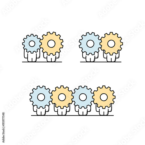 Funny cute men with gear wheels or pinions instead of the heads. Cooperation and collaboration, business team and teamwork, partnership, joint work and synergy cartoon vector illustration.