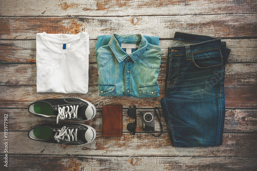 Simple Denim Vintage Classic Hipster Look Clothing Overhead view choice guide idea for planning travel around the world 