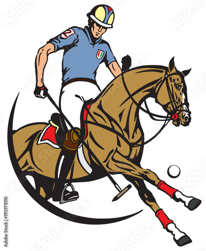 polo player sitting on a pony horseback and holding a long handled wooden mallet to hit a ball . The horse in gallop. Equestrian sport . Vector illustration