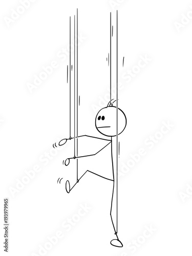 Cartoon stick man drawing conceptual illustration of businessman as puppet or marionette without his own will. Business concept of authority, control and manipulation.