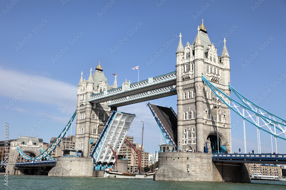 Lifting up Tower Bridge and River Thames in London