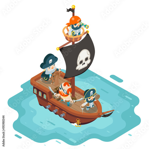 Isometric pirate ship crew buccaneer filibuster corsair sea dog sailors captain fantasy RPG treasure game character flat design vector illustration