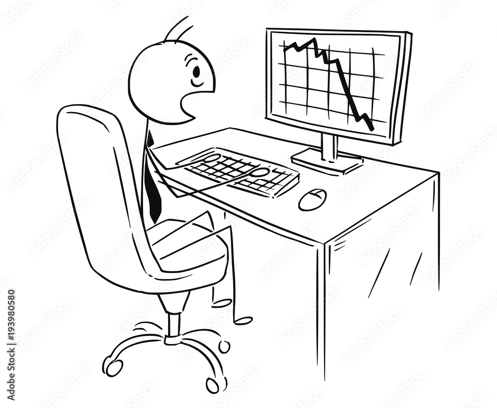 Cartoon stick man drawing conceptual illustration of businessman working on  computer and chocked by graph or chart falling down. Business concept of  profit, market or cost. Stock Vector | Adobe Stock