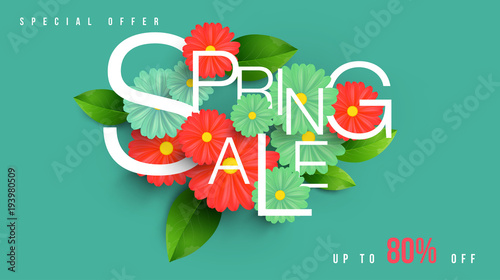 Spring Sale Banner with green leaf and colorful background. Vector Design for your greetings card, flyers, web banner , invitation, posters, brochure, banners, calendar, spring sale.