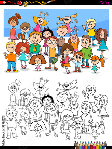 happy children characters group coloring book