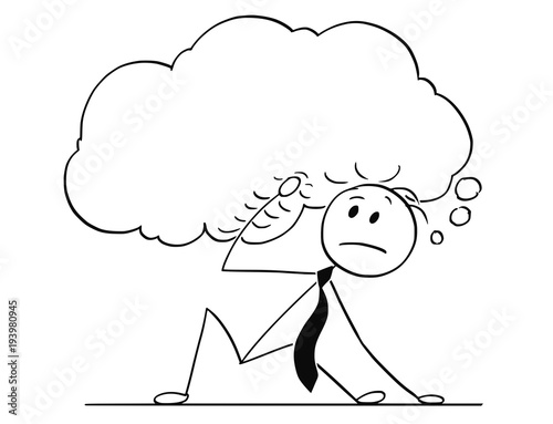 Cartoon stick man drawing conceptual illustration of businessman who is overburdened and buried by large text speech bubble as metaphor for big problem he is thinking about.