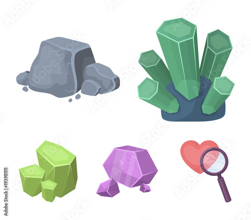 Crystals, iron ore. Precious minerals and a jeweler set collection icons in cartoon style vector symbol stock illustration web.