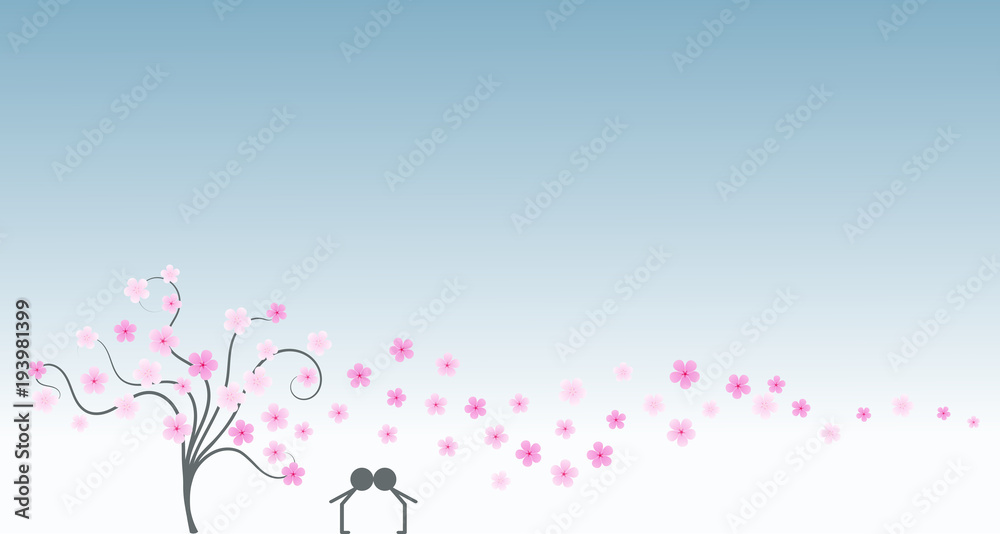 Silhouette of young couple in love kissing next to a tree and under cherry petals and blossoms in anniversary day Silhouette of young couple in love kissing next to a tree and under cherry petals and blossoms in anniversary day