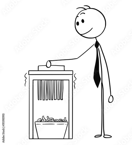 Cartoon stick man drawing conceptual illustration of businessman using office paper shredder.