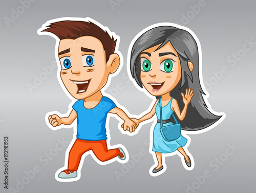 A Boy And A Girl Jumping Happily Holding Hands Cartoon Characters Stickers With Emotions Stock Vector Adobe Stock