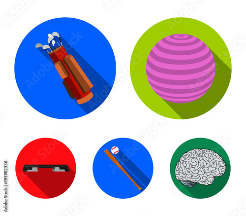 The ball for the game, coffer, a bag for golf clubs, a bat with baseball, a bench for fitness. Sport set collection icons in flat style vector symbol stock illustration web.