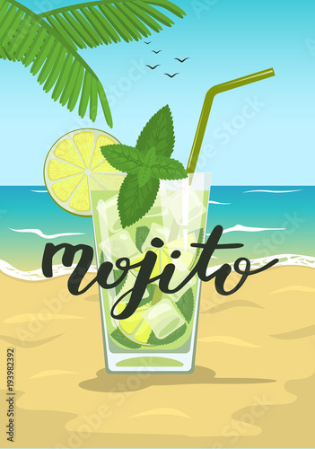 Glass of mojito cocktail with mint and straw on summer sea beach. Vector illustration 