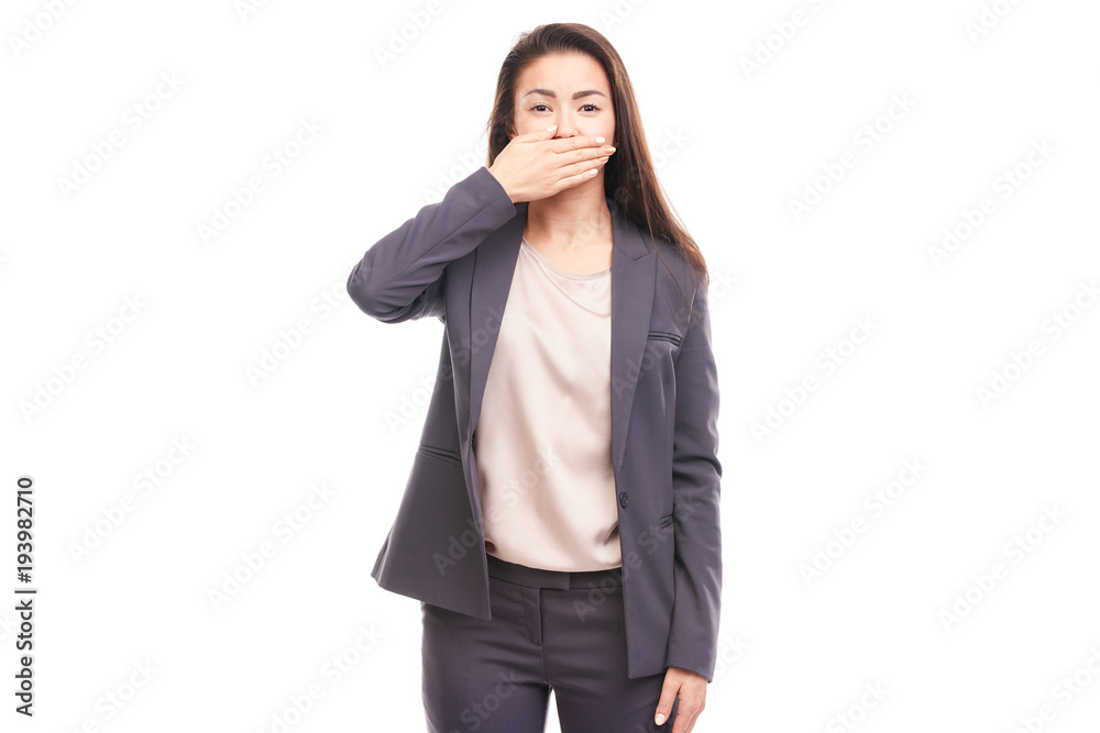 Portrait of emotional Asian businesswoman posing on white background Portrait of emotional Asian businesswoman posing on white background