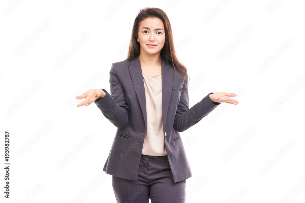 Portrait of emotional Asian businesswoman posing on white background Portrait of emotional Asian businesswoman posing on white background