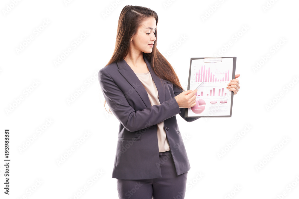 Portrait of female financial advisor posing with document on white background Portrait of female financial advisor posing with document on white background