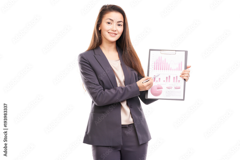 Portrait of female financial advisor posing with document on white background Portrait of female financial advisor posing with document on white background