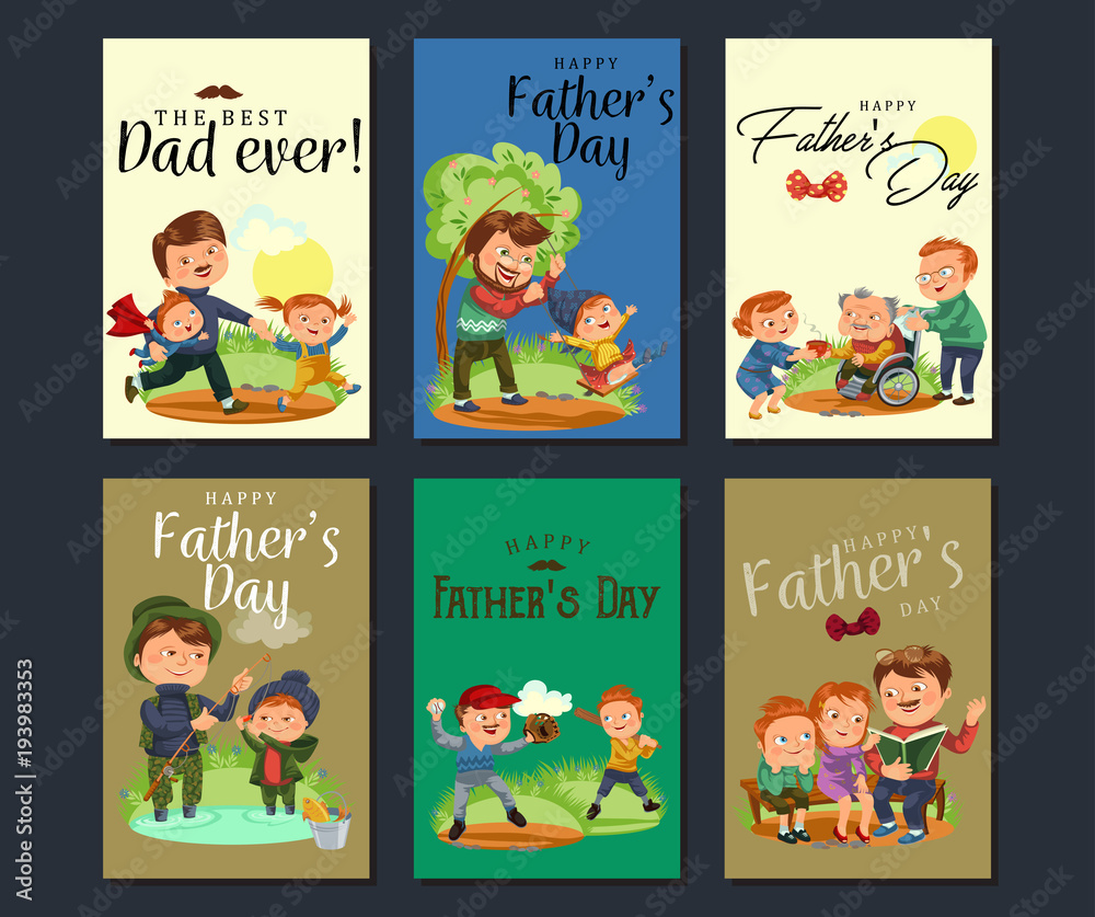 Set happy fathers day greeting card, dad fun with kids, parent of little childrens family vacation, daddy love holiday celebration vector illustration, son and daughter care man with mustache and