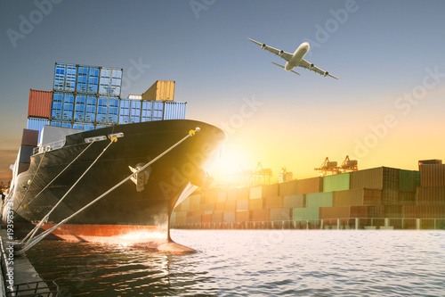 ship and container box and cargo plane flying over shipping dock use for logistic and international transportation