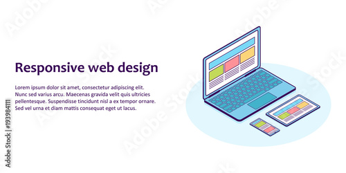 Flat line isometric illustration of devices with different view one web page. For demonstration responsive web design © haosame