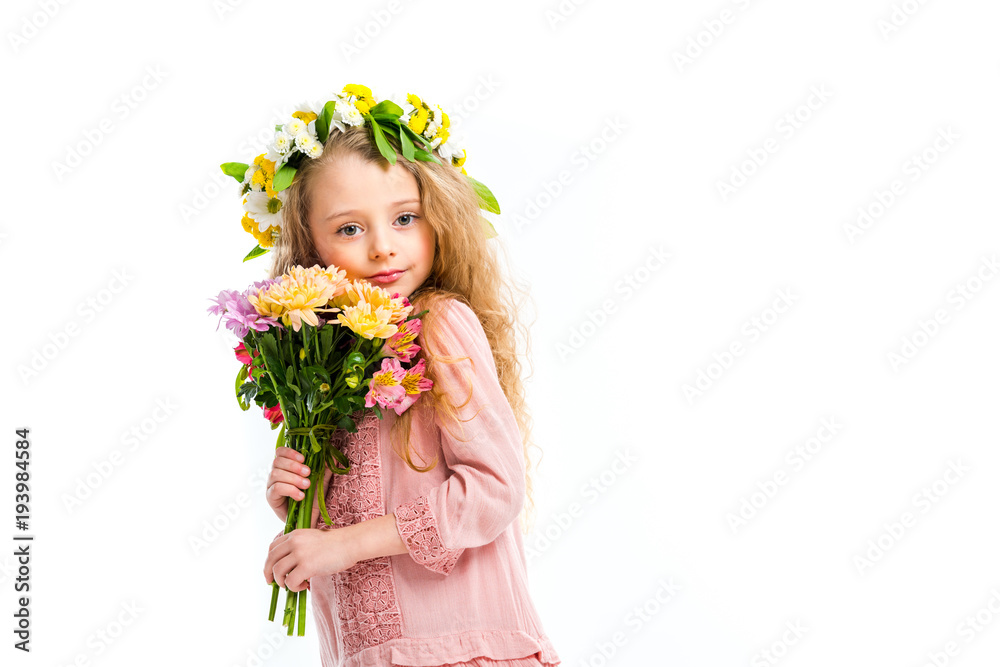 Portrait of kid wearing wreath band and holding bouquet of flowers isolated on white Portrait of kid wearing wreath band and holding bouquet of flowers isolated on white