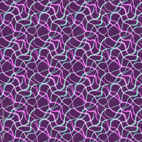 Abstract background with intersecting meandering ribbons in gentle violet tones on a dark board. Vector Seamless Pattern