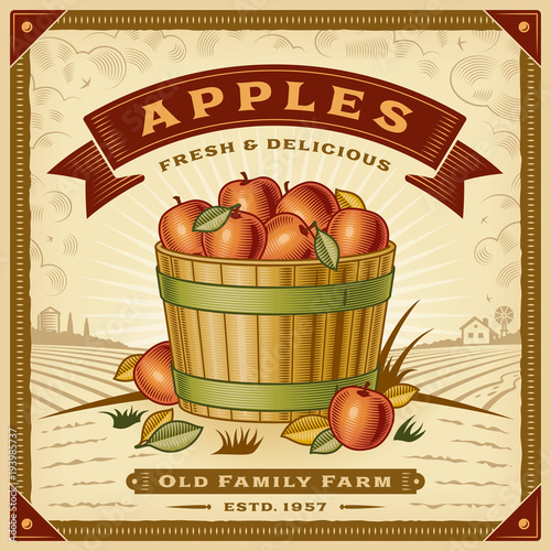 Retro apple harvest label with landscape. Editable EPS10 vector illustration in woodcut style with clipping mask and transparency.