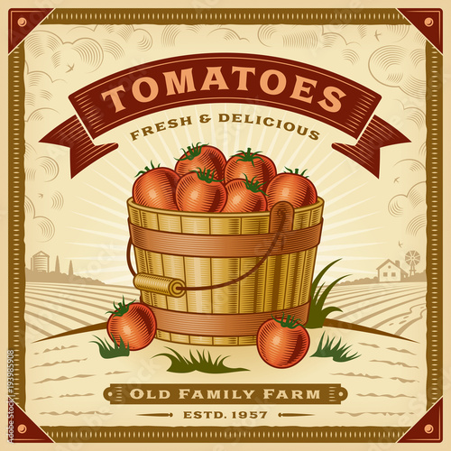 Retro tomato harvest label with landscape. Editable EPS10 vector illustration in woodcut style with clipping mask and transparency.