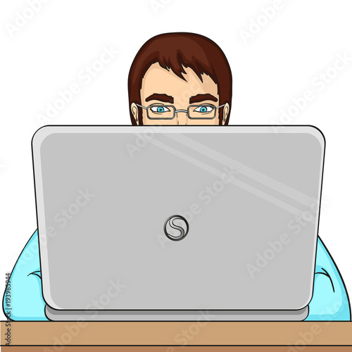 A male programmer works for laptops. IT staff at the computer. Vector object on a white background