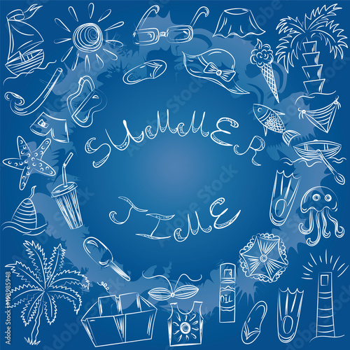 Summer Time. Hand Drawn Summer Vacancies Symbols. Doodle Boats, Ice cream, Palms, Hat, Umbrella, Jellyfish, Cocktail, Sun on Blue. Sketch Style. Vector Illustration.