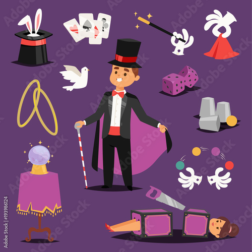 Illusionist vector magic man and saw woman on scene icons bunny, hat, ball fantasy witchcraft magic theater. Wizard hat entertainment performance magician illusionist. Imagination mystery concept