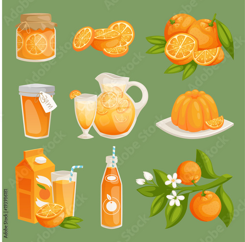 Oranges juice food products vector illustration. Fresh natural orange citrus fruit slice set. Juicy tropical dessert beauty breakfast collection. Organic juice healthy food cake, cookie, jar, leaves photo