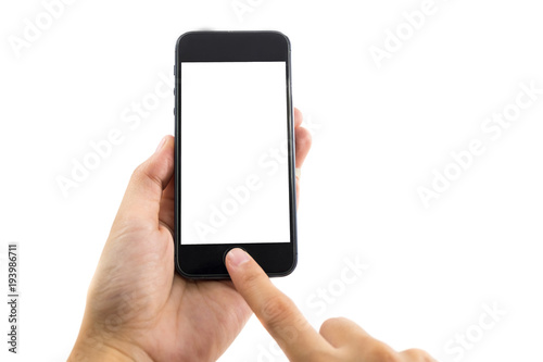 white background hand of caucasian woman hold mobile phone and touch on blank screen with copy space. image for body, technology, communication, gadget, isolated, business, telephone concept