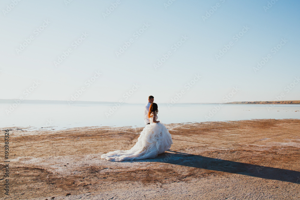 Wedding couple walks away on the sea beach. Sunny summer photo. Bride with hair down in off shoulder dress with train. Ocean romantic ceremony. Seaside love story. Sand, water and horizon. Honeymoon. Wedding couple walks away on the sea beach. Sunny summer photo. Bride with hair down in off shoulder dress with train. Ocean romantic ceremony. Seaside love story. Sand, water and horizon. Honeymoon.