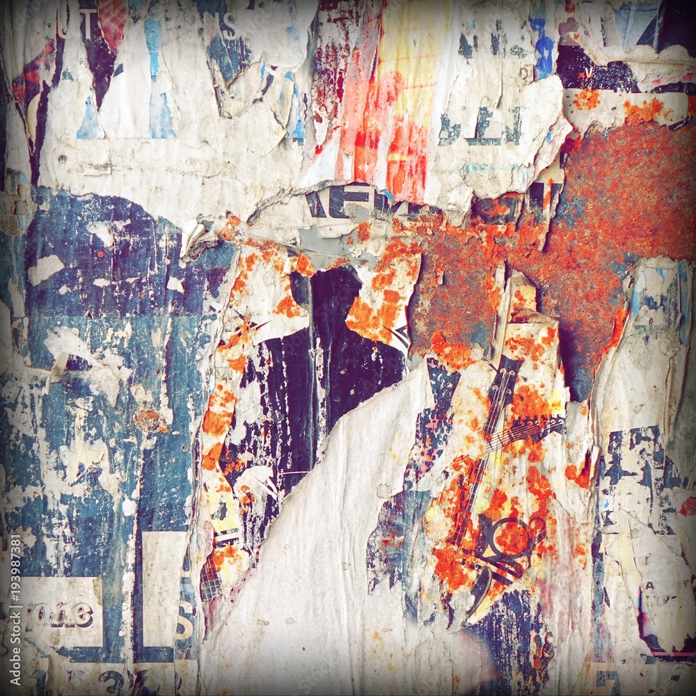 Fototapeta premium Old Billboard With Torn Poster, Paper, Ads, Stickers Frame Backgroun