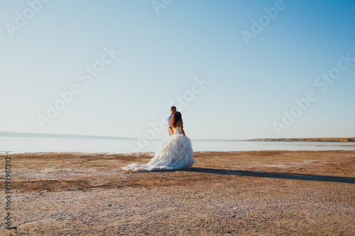 Wedding couple walks away on the sea beach. Sunny summer photo. Bride with hair down in off shoulder dress with train. Ocean romantic ceremony. Seaside love story. Sand, water and horizon. Honeymoon.