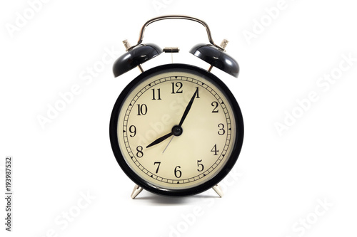 clock placed on white background with copy space. image for isolate, alarm, copy space, retro, antique concept