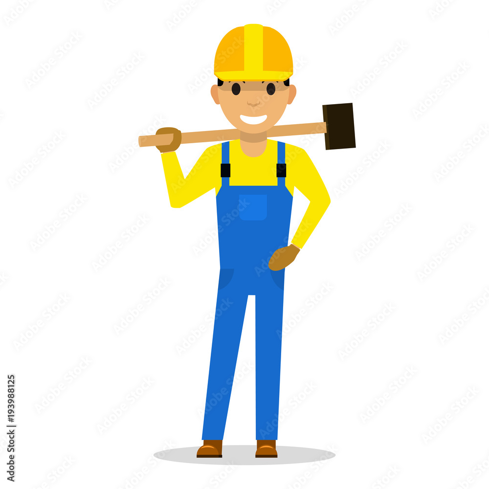 Vector cartoon man builder with a sledgehammer