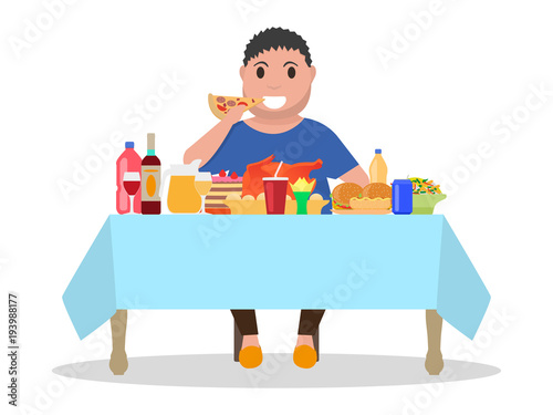 Vector illustration cartoon fat man at the table