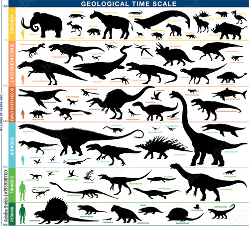 Geological timeline scale prehistoric animals vector silhouettes 