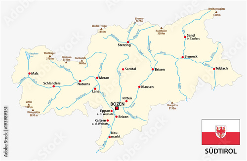 simple map of the Italian province of South Tyrol in german language with flag